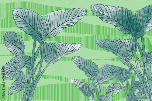 Ilustracja motyw roślinny delikatne pastelowe liście na zielonym tle 