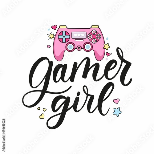 Gamer girl colorful design with lettering, kawaii gamepad, hearts stars. Cartoon Gamer quote for logo, card, sticker, poster, card, textile. Cute gamer girl vector illustration with pink controller