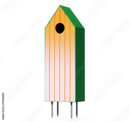 Wooden bird house on a pole isolated on a white background. 3d rendering.