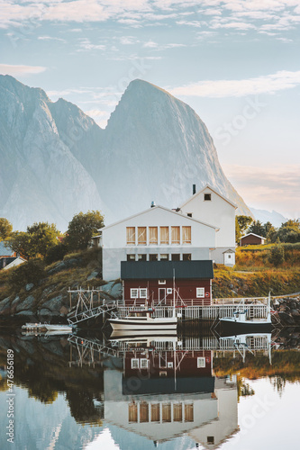 Lofoten islands village in Norway landscape water reflection view travel scenery famous place scandinavian nature