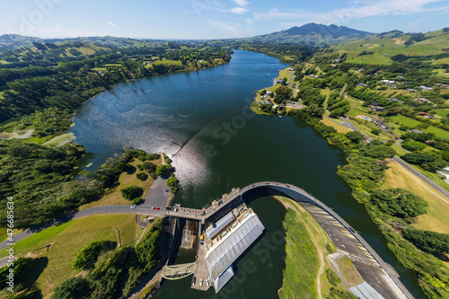 Aerial drone panoramic view over Lake Karapiro and the Karapiro Dam on the Waikato River, in the Waikato region of New Zealand