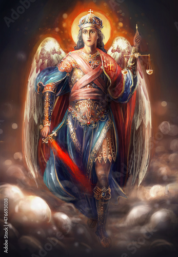 saint archangel Michael walking on clouds