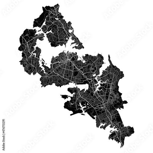 Auckland map. Detailed black map of Auckland city poster with streets. Cityscape vector.