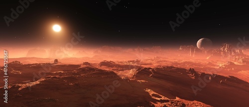 Martian landscape, sunset on Mars, Mars at sunrise, panorama of Mars, the face of Mars, 3D rendering