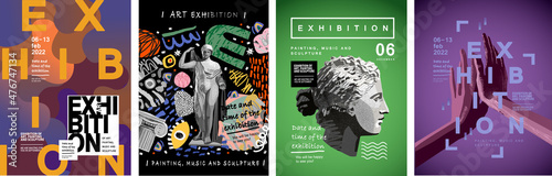 Art posters for the exhibition of classical and contemporary painting, sculpture and music. Hand illustrations, plaster bust, statues and abstract shapes, spots and lines. Drawings for poster.