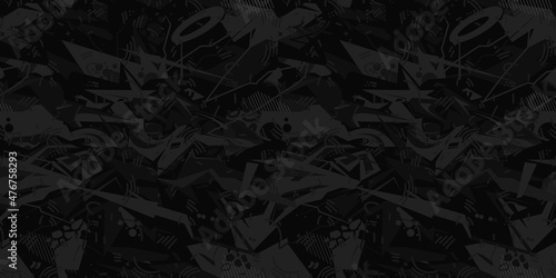 Dark Black Seamless Urban Cyberpunk Abstract Graffiti Style Pattern Vector Illustration Background Art