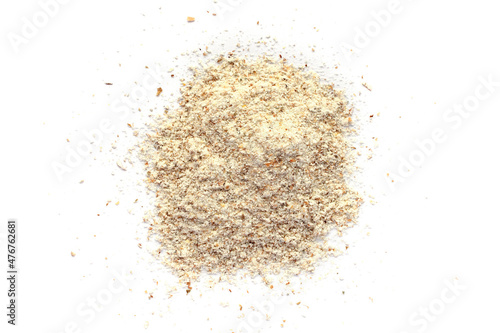 Integral rye flour pile isolated on white background, top view. Rye flour isolated on white background, top view. Heap of integral spelt wheat flour isolated on white background, top view.