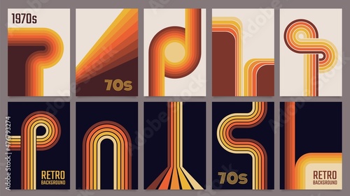 Retro geometric lines posters, 1970s style stripes prints. Fun abstract color line poster, vintage 70s colorful minimalist poster vector set. Creative curves of brown, yellow and orange colors