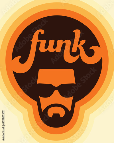 Funk colorful custom lettering music design with cool soul man illustration. Vector design for funk or soul music with seventies retro style gradient colour letters