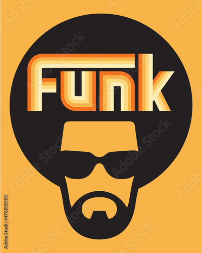 Funk colorful custom lettering music design with cool soul man illustration. Vector design for funk or soul music with seventies retro style gradient colour letters