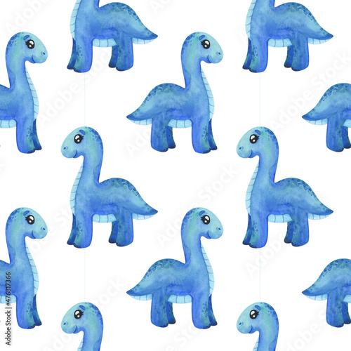 Seamless pattern with blue dinosaurs . Watercolor diplodocus on a white background, sample dino print for fabric, textiles, wallpaper, packaging, paper