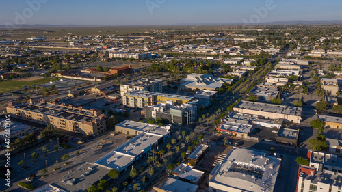 Sunset aerial view of downtown and surrounding housing of Lancaster, California, USA.