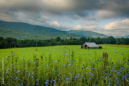 Rural scene with farm fields and barn in the mountains of West Virginia