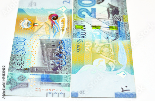 Twenty Kuwaiti dinars bill banknote 20 KWD features Seif Palace, a dhow ship, Kuwaiti pearl diver and Al-Boom traditional Kuwaiti dhow ship, Kuwaiti dinar currency of the State of Kuwait isolated