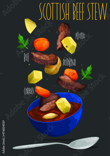 Scottish beef stew. Irish stew made with beef, potatoes, carrots, rutabaga. Vector illustration