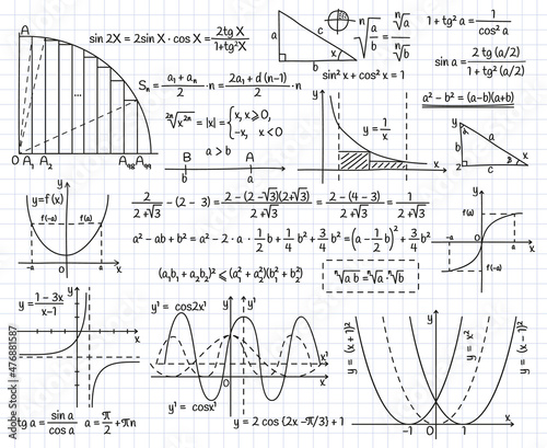 Mathematical algebra formulas, doodle equation and graphics signs. Math, geometry or physics formulas and equations vector illustration set. Science calculation symbols