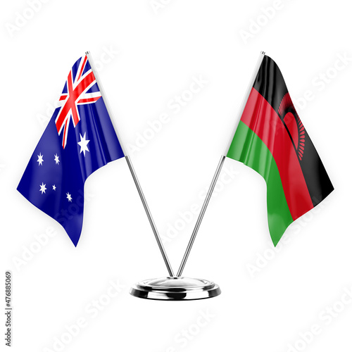 Two table flags isolated on white background 3d illustration, australia and malawi