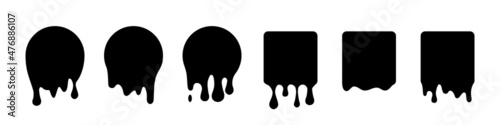 Paint drip icons set, splash of black ink circle and square drops, liquid blobs melt and flow with splatters