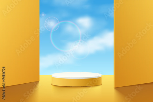 Realistic yellow 3D cylinder pedestal podium with clouds blue sky in squares backdrop. Minimal scene for products showcase, Promotion display. Vector abstract studio room geometric platform design.