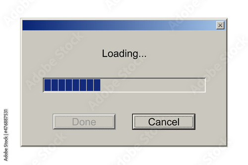 Retro download bar, alert window on computer monitor with loading message, classic style
