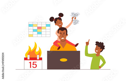 Children interfere with their fathers work. Man sitting at laptop, and he has daughter on his neck. Difficulties of freelancing. Remote Worker, internet, online. Cartoon flat vector illustration