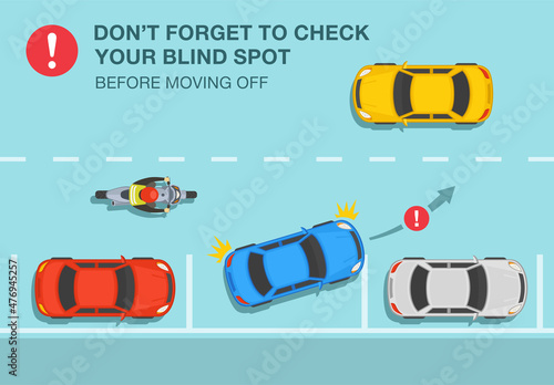 Safety car driving rules. Blue sedan car is about to start moving. Don't forget to check your blind spot or twilight zone before moving off warning. Flat vector illustration template.