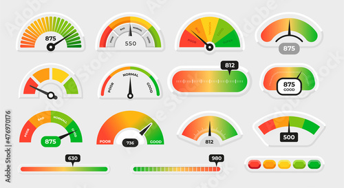 Meter level. Score measure graphic dial with different colors. Speedometer gauge indicator or customer satisfaction metering graph. Progress scale with arrows. Vector infographics set