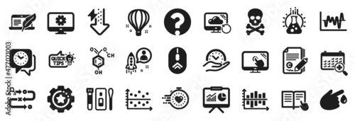 Set of Science icons, such as Energy drops, Stock analysis, Chemical hazard icons. Education idea, Timer, Journey path signs. Chemical formula, Monitor settings, Air balloon. Swipe up. Vector