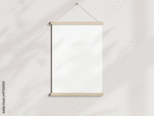 Poster hanger mockup, wooden hanging poster frame, magnetic poster bar mockup, vertical wood poster hanger mockup, 3d render