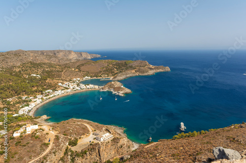 Kapsali bay and village from Chora castle. The Greek island of Kythira.