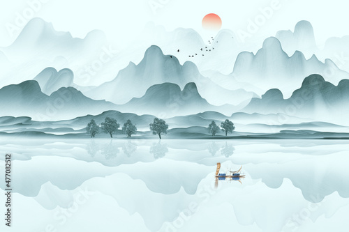 New Chinese blue artistic conception landscape painting