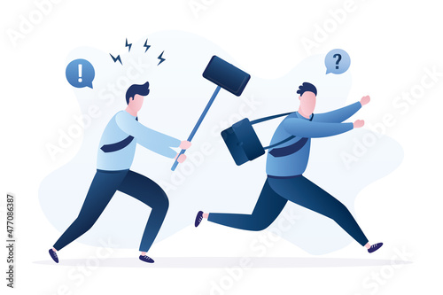 Angry businessman chasing office man with a sledge hammer. Business revenge and anger concept. Punishment for poor performance. Funny male characters.