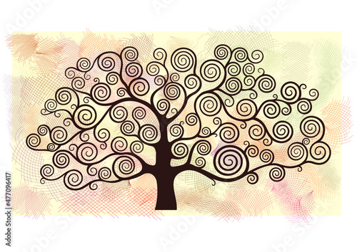 A tree with spiral branches and a background shaded with different colors