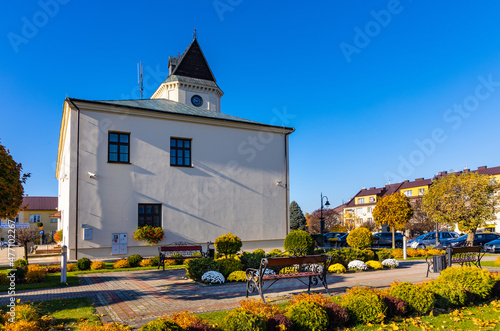 Historic Ratusz Town Hall building at Rynek Market Square in old town quarter of Sedziszow Malopolski town of Podkarpacie region in Lesser Poland