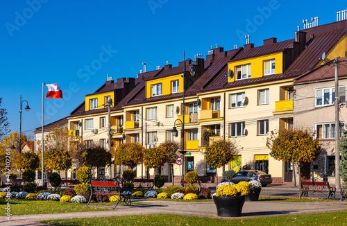 Historic town tenement houses at Rynek Market Square in old town quarter of Sedziszow Malopolski town in Podkarpacie region of Lesser Poland