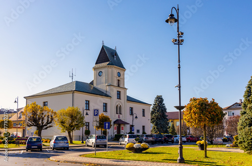Historic Ratusz Town Hall building at Rynek Market Square in old town quarter of Sedziszow Malopolski town of Podkarpacie region in Lesser Poland