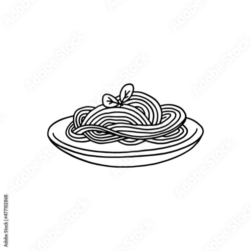 Italian spaghetti pasta in black outlines doodle style, vector illustration isolated on white background.