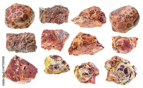 set of various bauxite stones cutout on white