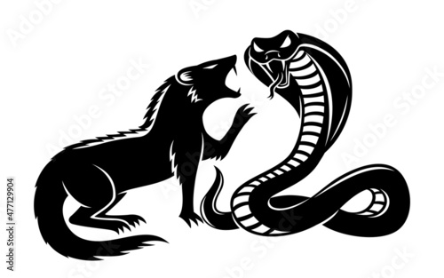 Angry mongoose and cobra icon on white background.