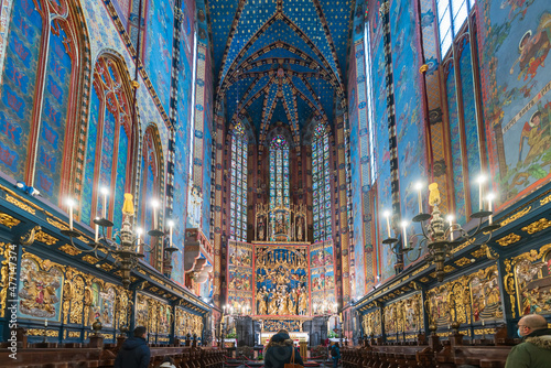 Krakow, Poland December 17, 2021; View of the interior of St. Mary's Basilica in Krakow on the Main Square.