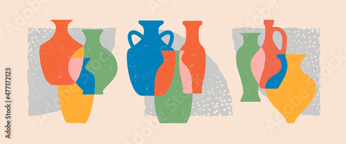 Ceramic vases. Different shapes colored layered silhouettes. Antique ancient ceramics. Vector illustrations.
