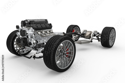 Car chassis with engine. Image of car chassis with engine isolated on white. 3d rendering