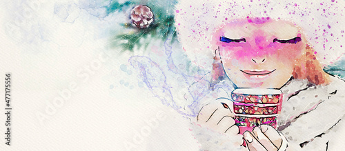  Girl with cup of hot tea, watercolor banner. Design element.