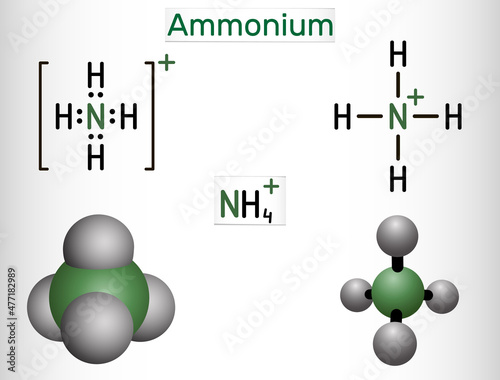 Ammonium cation, azanium molecule. It is positively charged polyatomic ion. Structural chemical formula and molecule model