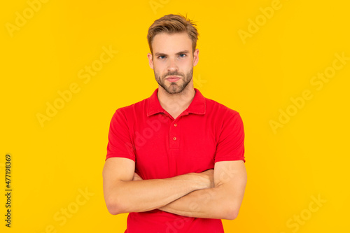 male casual fashion. mens beauty. portrait of man with bristle in red shirt.