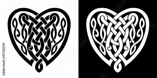 Weaving style design in black and white color for Valentine Day. Celtic knot pattern Intertwined hearts. Isolated Vector illustration