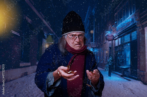 Scrooge holding gold coins, walking in street under the snow on a Christmas Eve