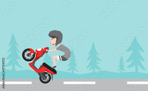 An illustration of a man riding scooter and do some wheelie trick