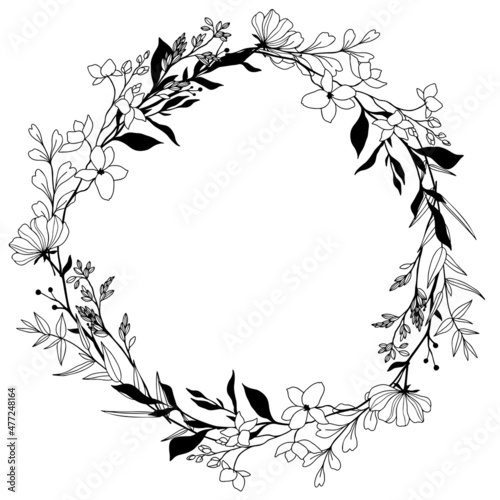 Tiny floral wreath, line art, hand drawn vector 