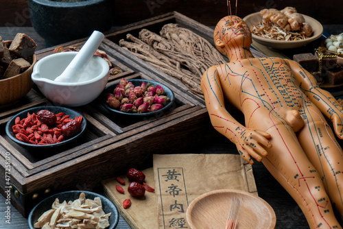 Acupuncture puppets and traditional Chinese medicine are on the table